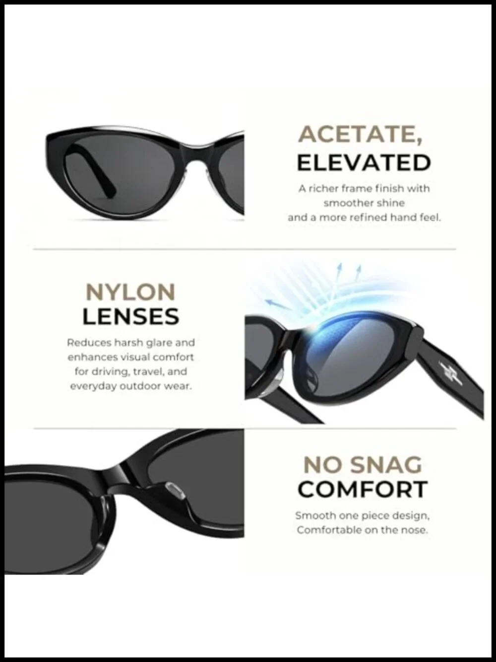 Retro Cat Eye Sunglasses with UV400 Protection, Polarized Nylon Lenses, Acetate